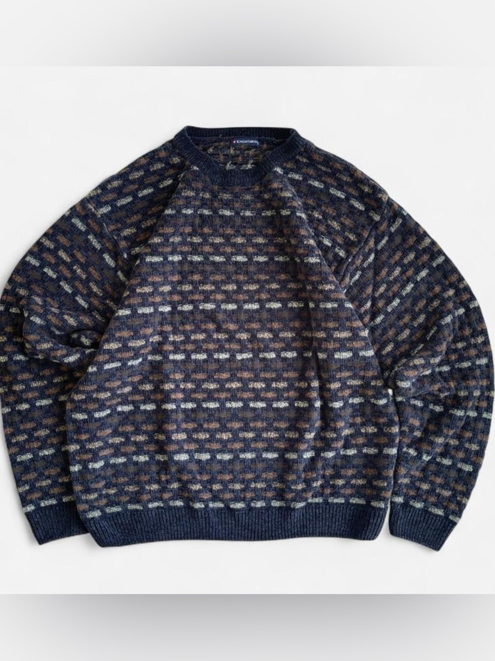 Knightsbridge 90s Soft Chenille Knit Black Grey Brown Checked Patterned Sweater